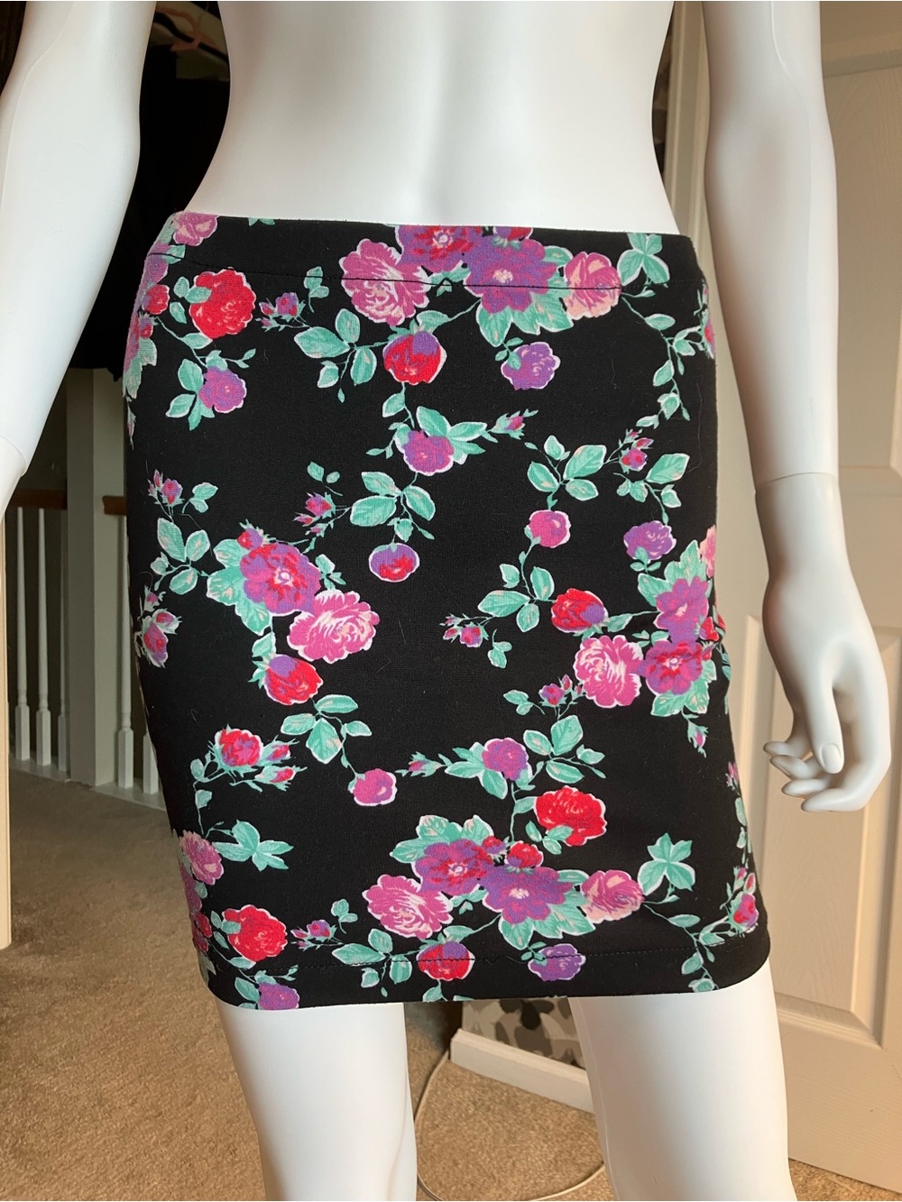 Candie's Black Mini Skirt with Pink, Red & Mint Floral Print